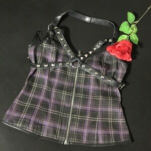 Killstar Black and Purple Plaid Studded Top